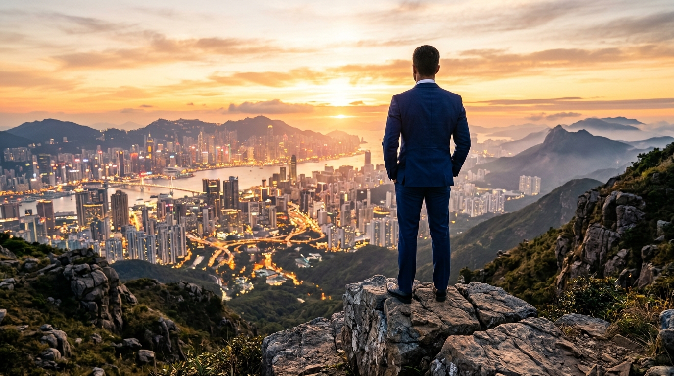 Executive looking over twilight city skyline